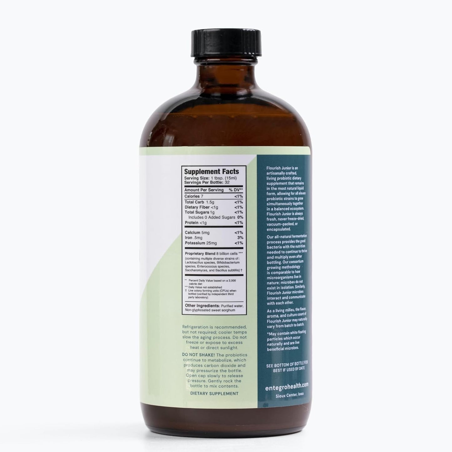 ENTEGRO Flourish Junior Liquid Probiotic & Postbiotic Supplement, Plastic | 11 Live Cultures, Gut & Digestive Health For Women, Men & Kids, Organic, Vegan, Allergen Free, Non-GMO, USA Made, 16 fl oz