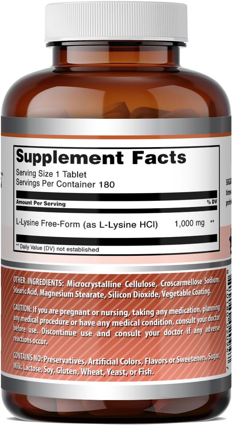 Amazing Formulas L-Lysine 1000 Mg Amino Acid Supplement | Tablets | Non-GM0 | Gluten-Free | Made in USA (1 Pack | 180 Count)