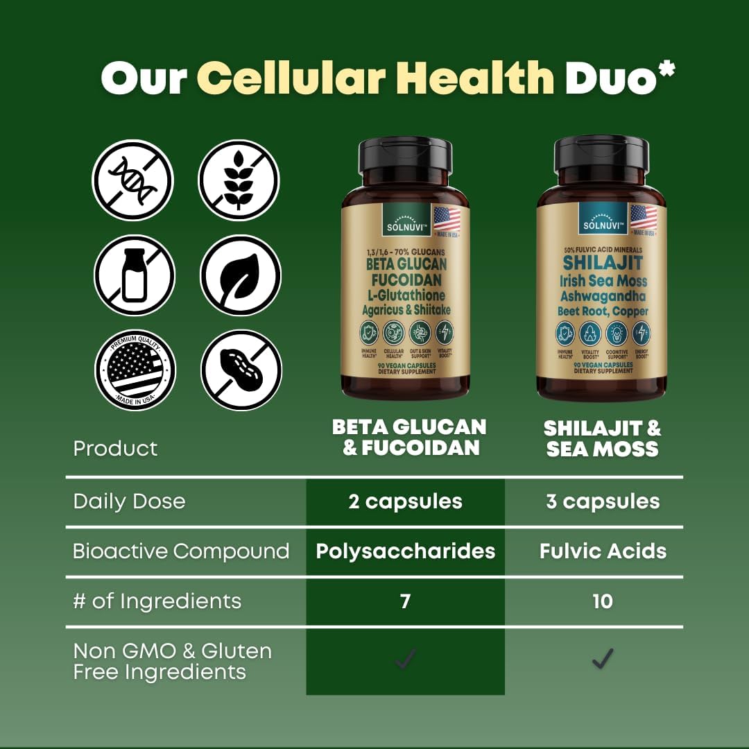 Beta Glucan & Fucoidan Brown Seaweed Extract - L Glutathione, Shiitake, Agaricus Blazei Mushroom, Vitamin C - Immune, Cellular, Healthy Aging Support - 90 Capsules, Non GMO, Gluten Free Supplement