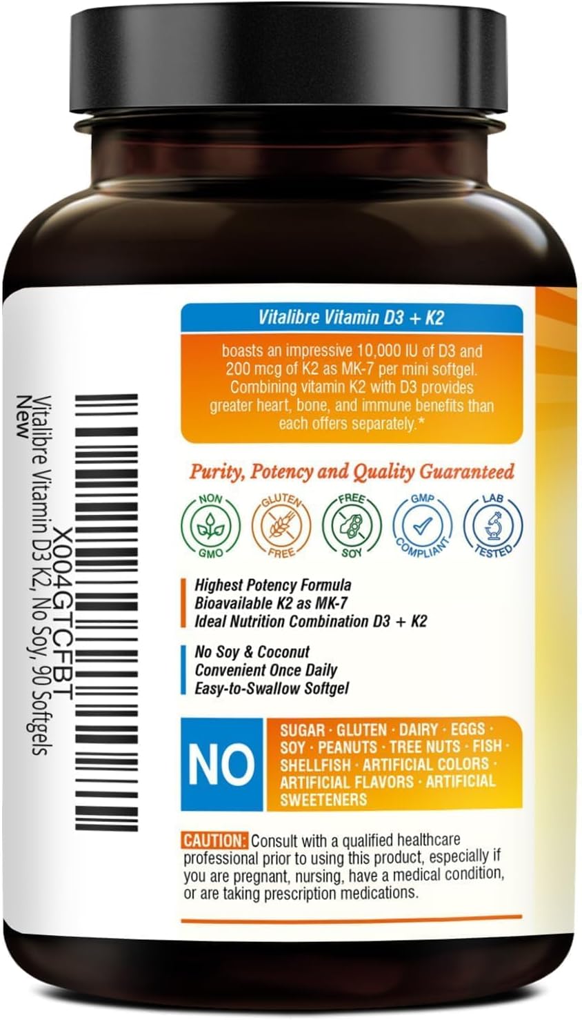 Vitalibre Vitamin D3 K2 Supplement, Vitamin D3 10000 IU & 200 mcg K2 MK7 | Enhanced Calcium Absorption, Bone, Heart, Immune & Mood Support, No Soy, Easy to Swallow, 90 Softgels