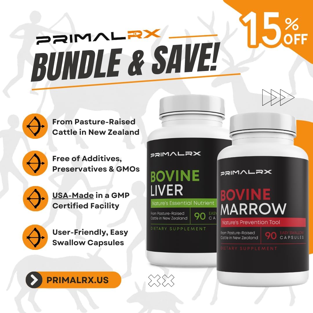 Beef Liver & Beef Bone Marrow Supplement Bundle, Grass Fed Freeze-Dried Organ Capsules with Heme Iron, Vitamin A, B12, Vitamin K2, Healthy Fats & Collagen, Whole Food Ancestral Support, 2 x 90 Count