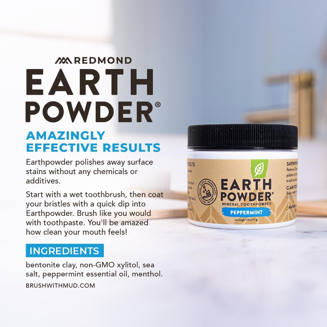 REDMOND Earthpowder, All Natural Tooth and Gum Powder Bentonite Clay (Peppermint)