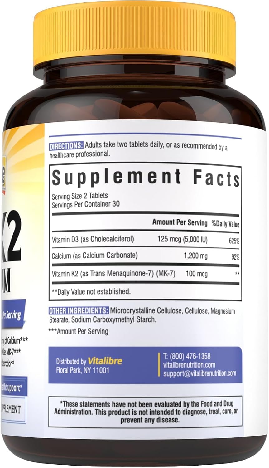 Vitalibre Vitamin D3 K2 + Calcium Supplements for Women & Men, 60 Tablets | Calcium 1200 mg with Vitamin D3 K2 5000 iu, High Absorption for Strong Bones, Teeth, Heart, Immune Health