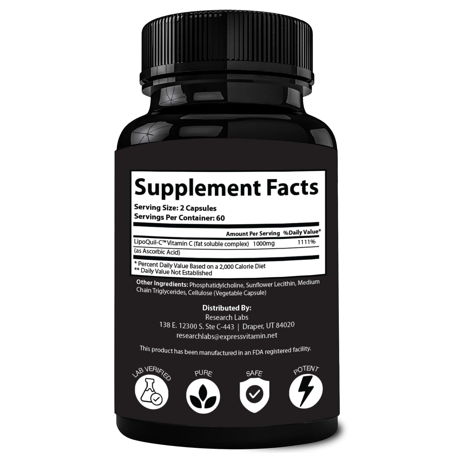 Research Labs Liposomal Vitamin C Supplement w/Enhanced Absorption LipoQuil-C™ | 2 Fer 1 ad 240 Capsules Total Immune Support Collagen Booster | High Dose Fat Soluble Vita C 1000mg Buffered | Non GMO