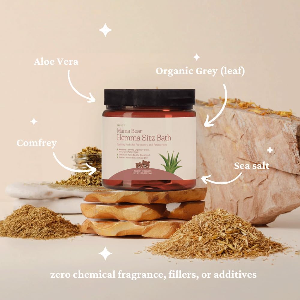 SPRIGS Mama Bear Hemma Sitz 5 Oz | Natural Soak for ‘Hemmies’ & Prenatal & Postpartum Recovery | Herbal Bath with Sea Salt, Organic Aloe Vera, Witch Hazel, Yarrow & Calendula | Support for After Birth