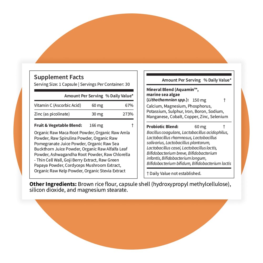 Pattern Wellness Zinc Complex – Supports Immune, Skin & Digestive Health – High Absorption Zinc with Vitamin C, Probiotics & Natural Blends – 30 Vegan Capsules