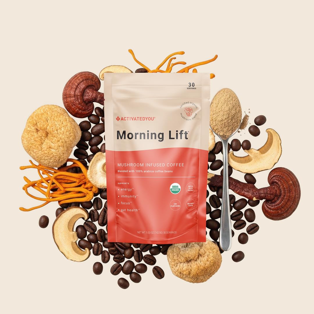 ActivatedYou Morning Lift Mushroom Infused Coffee - Certified Organic, Plant Based Mushroom Coffee Instant Blend Made with Lion's Mane & Cordyceps to Support Digestion, Energy & Focus (1 Pack)