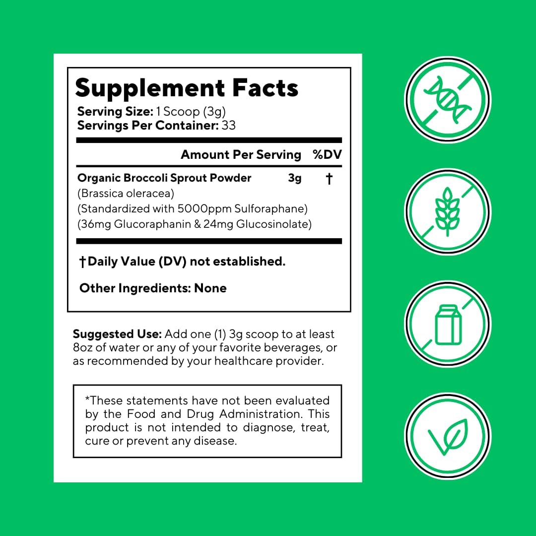 Vitapia Organic Broccoli Sprout Powder for Sulforaphane, Antioxidant, Brain, Skin, Heart Health Support - 100g Powder Supplement & 33 Day Supply - Non-GMO, Gluten-Free, Vegan-Friendly