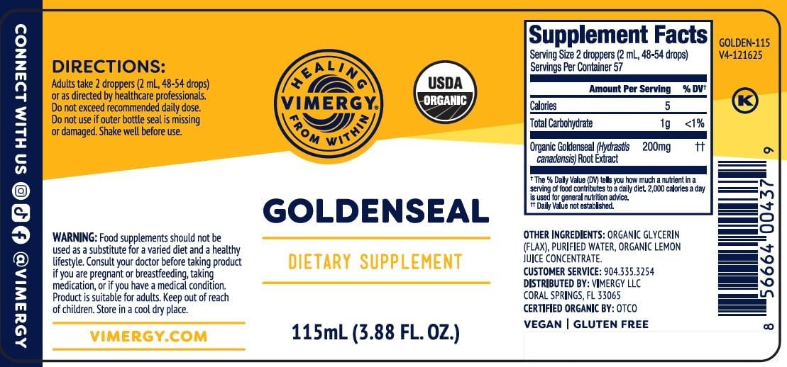 Vimergy USDA Organic Goldenseal Supplement – 57 2mL (2 Droppers or 48-54 Drops) Servings (200mg Extract Per Serving). Vegan, Alcohol-Free Golden Seal herb Drops Great for Tea (115 mL)