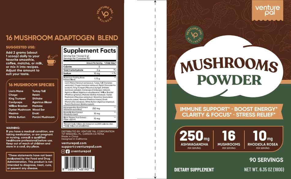 Venture Pal 16 in 1 Mushroom Powder 1730mg Adaptogenic Mushrooms Supplement | 100% Fruiting Body Coffee Alternative with Lion's Mane, Chaga, Reishi, Support Immune, Focus & Energy, 90 Servings
