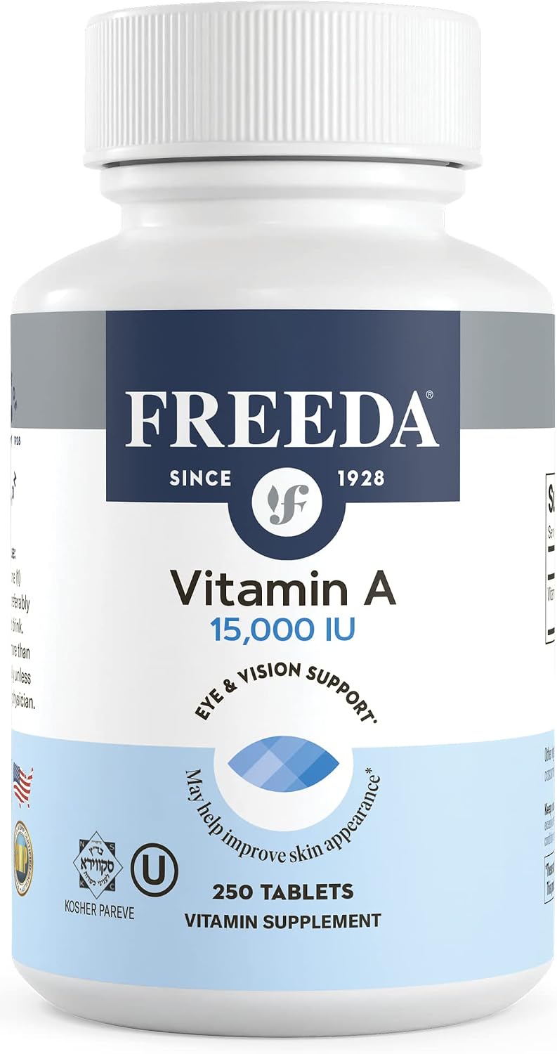 FREEDA Vitamin A 15,000 IU – Retinyl Palmitate – Vegan, Kosher, No Fish – Eye, Vision, Immune & Skin Support – Tiny Easy-to-Swallow Tablets – VIT A Vitamina A Supplement – 250 Tablets | Supports Healthy Vision, Skin, and Immune Function – Highly Absorbabl