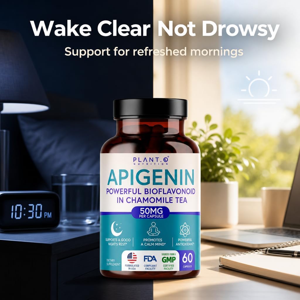 PLANT.O NUTRITION Apigenin 50mg Supplement for Sleep Support & Relaxation - Melatonin Free Bioflavonoid Capsules Found in Chamomile Tea, Third Party Tested, Gluten Free, 60 Capsules
