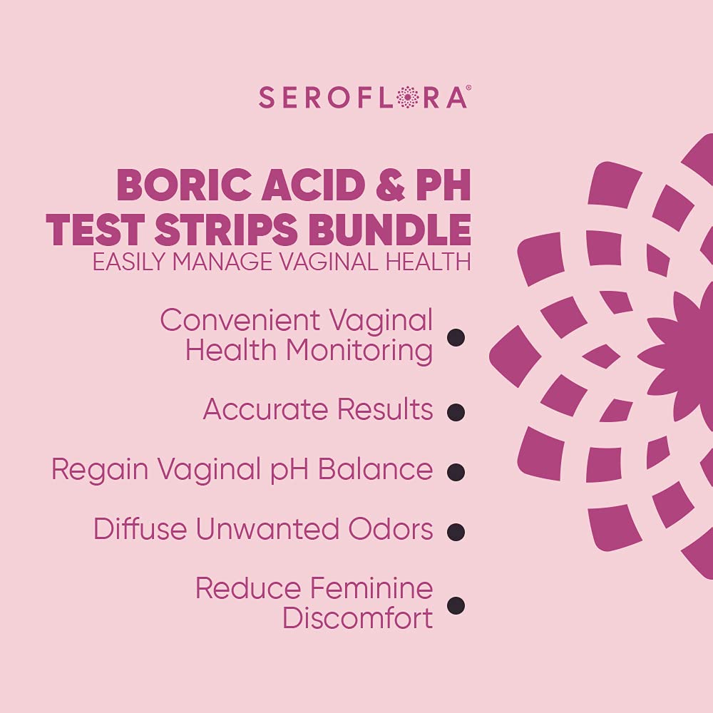 Seroflora Boric Acid Vaginal Suppositories 600mg (28ct) & 40 pH Test Strips for Women