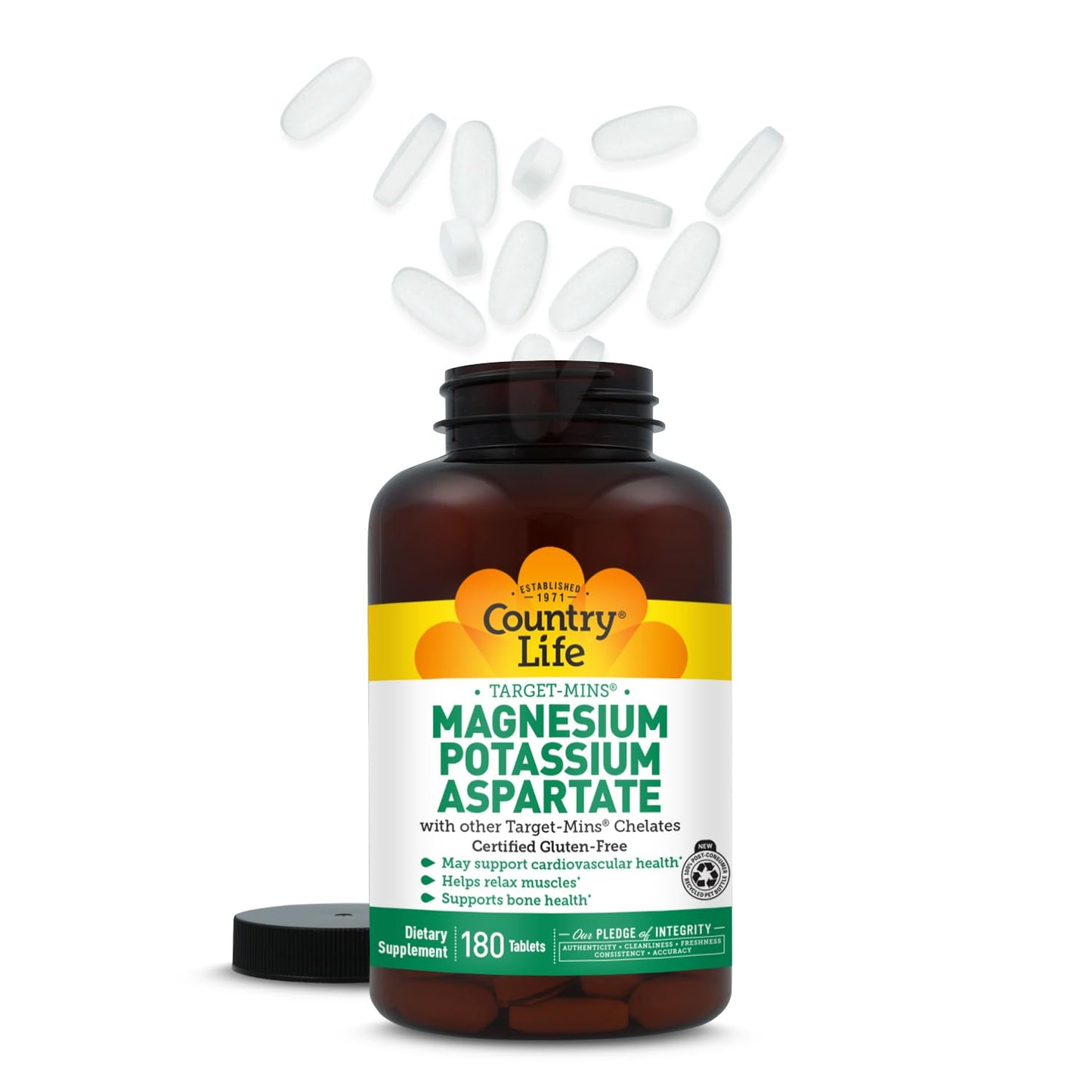 Country Life Target-Mins Magnesium Potassium Aspartate 600 mg/198 mg, Heart, Muscle & Bone Support, Vegan, Gluten-Free, Kosher, 180 Tablets