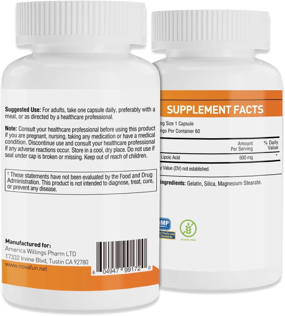 Alpha-Lipoic-Acid 600mg Capsules, ALA-Supplement for Nerve Health, Antioxidant Support & Cellular Energy, 60 Count, Non-GMO, Gluten Free