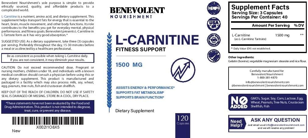 Benevolent L Carnitine Supplement - High Potency 1500mg L-Carnitine Tartrate - Fast Absorbing, Convert Fat to Energy, Support Lean Muscle, Boost Workout Performance & Metabolism – 120 Vegan Capsules