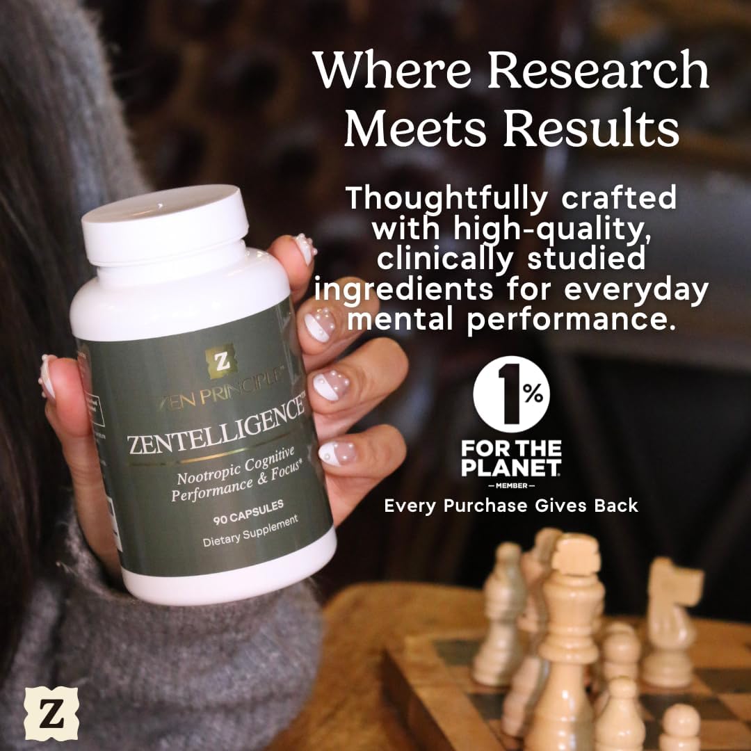 Zen Principle Zentelligence™ Focus Nootropic Supplement for Students & Professionals | Energy, Memory & Stress Support | Jitter-Free Formula with L-Theanine, Ginkgo Biloba, Huperzine A. 90 Capsules