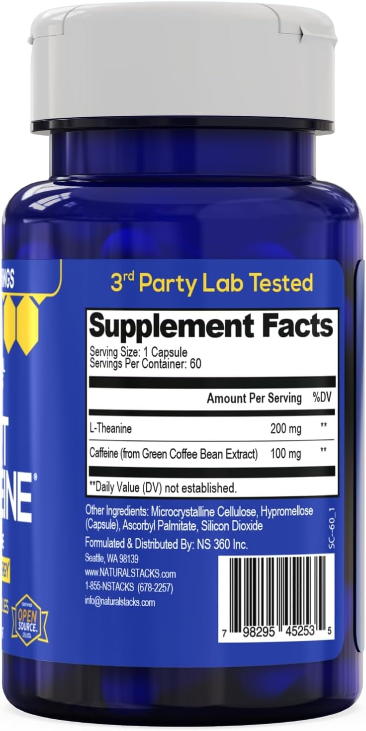 Smart Caffeine Pills w/ L-Theanine 200mg, Energy & Focus Support - 60 Count | 100mg Caffeine Per Serving - No crash or Jitters - Non-GMO & Gluten Free - Natural Stacks