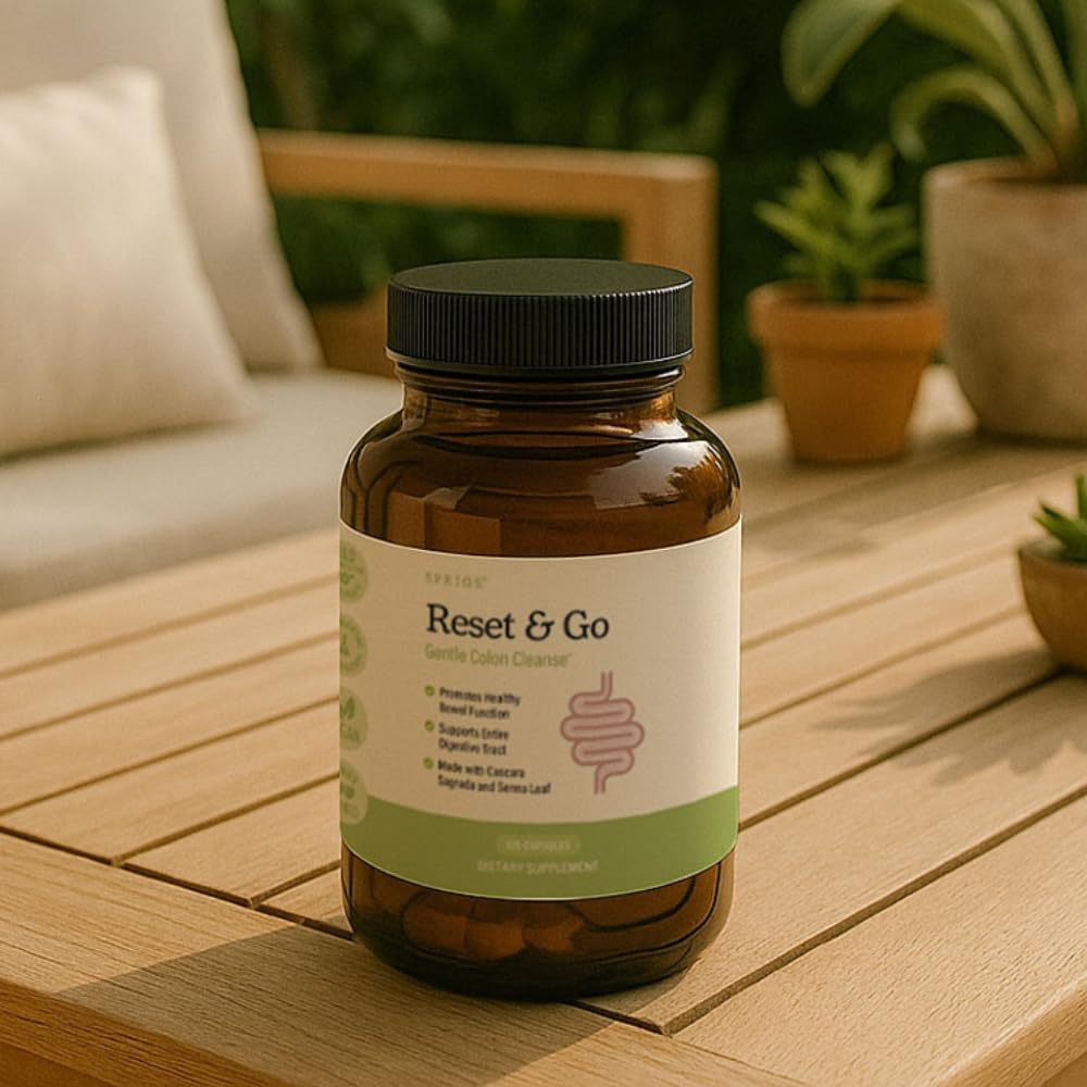 SPRIGS Reset & Go Dietary Supplement, 120 Capsules | Gentle Herbal Colon Cleanse to Support the Digestive Tract & Elimination Without Causing Urges to Go | Organic Ginger, Senna, Psyllium & Aloe Vera