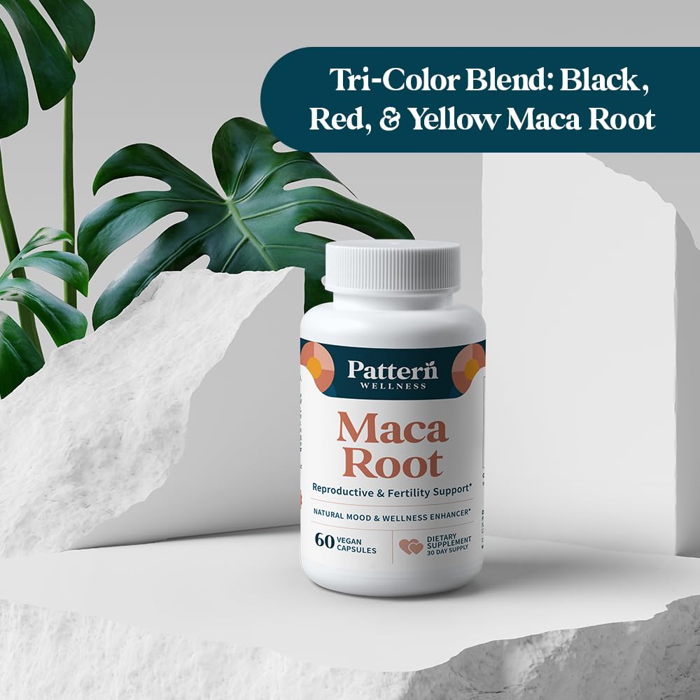 Pattern Wellness Maca Root Extract 20:1-500mg Per Serving – for Men & Women – Tri-Color Black/Red/Yellow Blend – 60 Vegan, Non-GMO Capsules