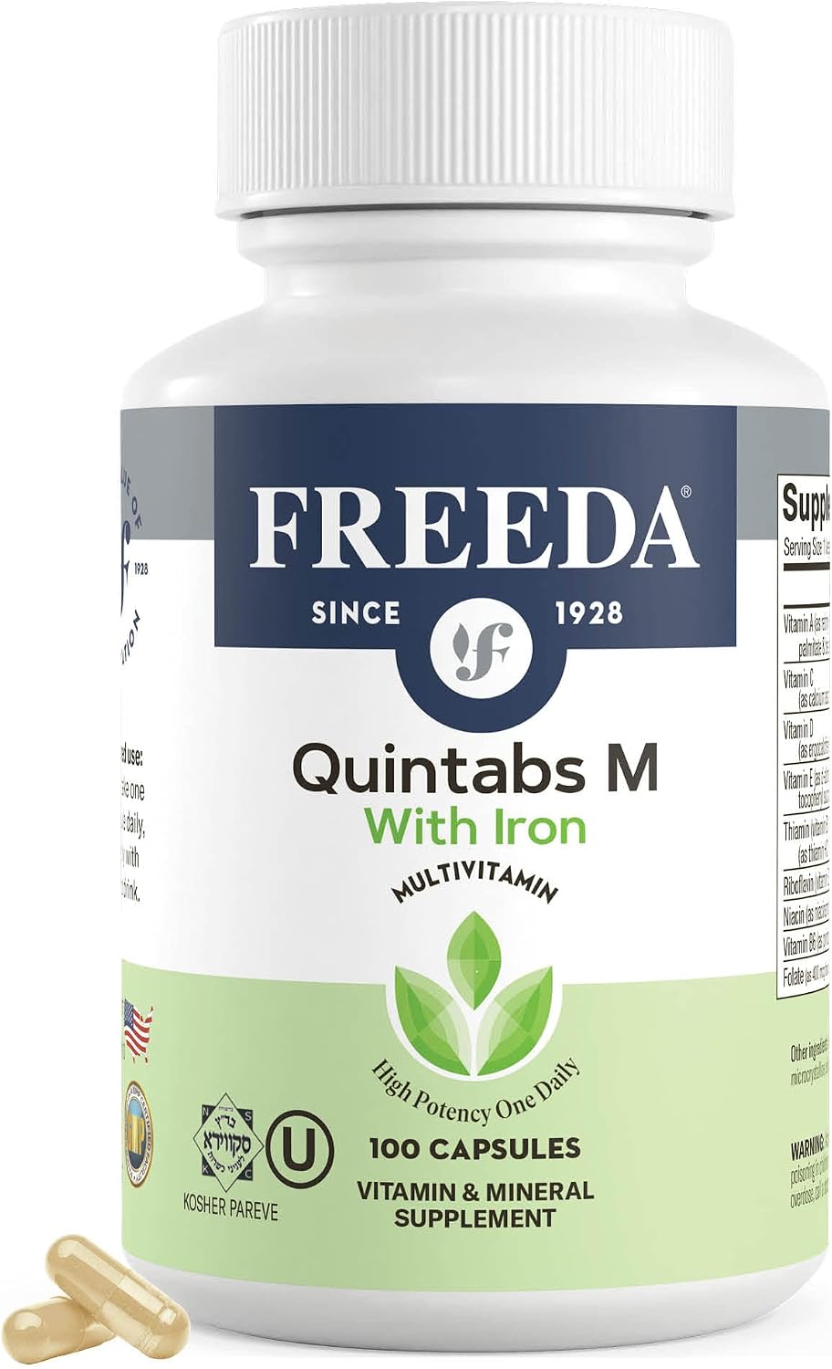 FREEDA Multivitamin – Quintabs-M with Iron – Kosher Multi Vitamins Supplements for Women Health - Multivitamins for Women & Iron-Deficient Men Adult Vitamins Multivitamin (100) | Kosher Multivitamin with Iron Formulated for Women & Men - Supporting Daily