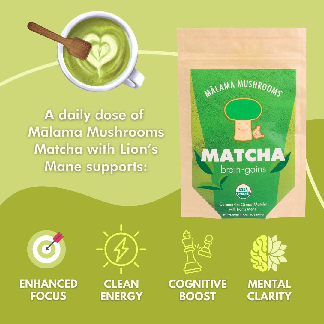 Malama Matcha Powder Duo Bundle – Ceremonial Grade Matcha Original & Coconut Latte Powders with Organic Lion’s Mane – Premium Japanese Green Tea | Organic, Gluten-Free & Vegan for Energy & Focus