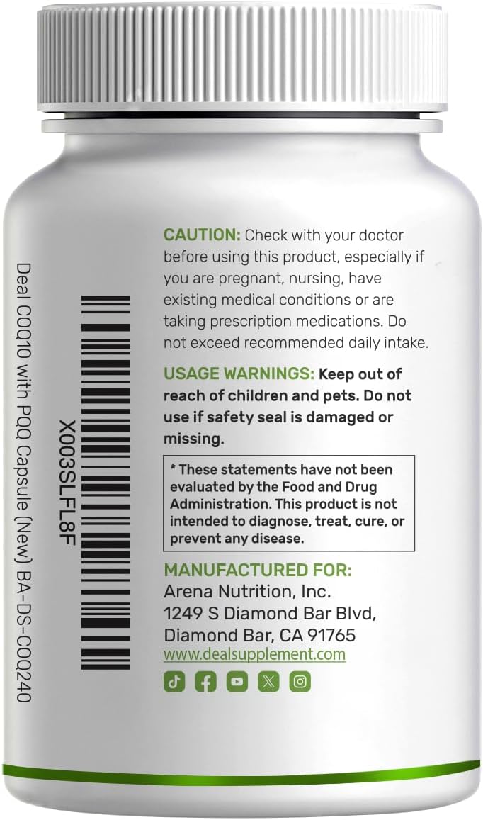 DEAL SUPPLEMENT CoQ10 200mg with PQQ 200mcg, 240 Veggie Capsules | Bioavailable Coenzyme Q10 Complex | Supports Heart, Energy & Brain Health | Antioxidant Support | Non-GMO