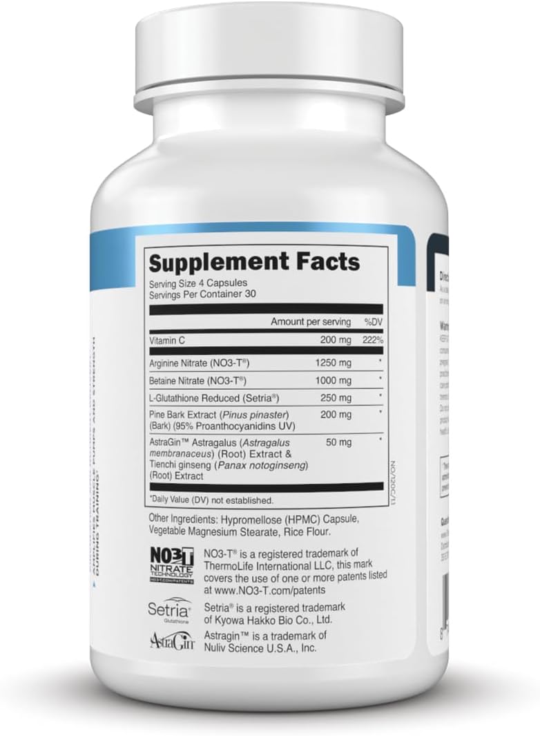 Transparent Labs Nitric Oxide - Nitric Oxide Booster for Men and Women with Arginine Nitrate, Betaine Nitrate, Pine Bark Extract, and Astragin for Nitric Oxide Flow - 120 Count