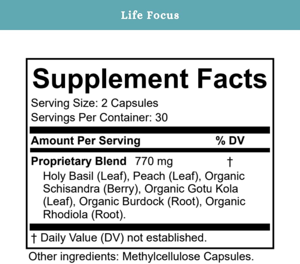 SPRIGS Life Focus Adaptogenic Brain Support Supplement 120 Capsules | Herbal Blend with Organic Rhodiola for the Nervous System, Mental Clarity & Calm Focus | Non-Stimulating Formula for Steady Energy