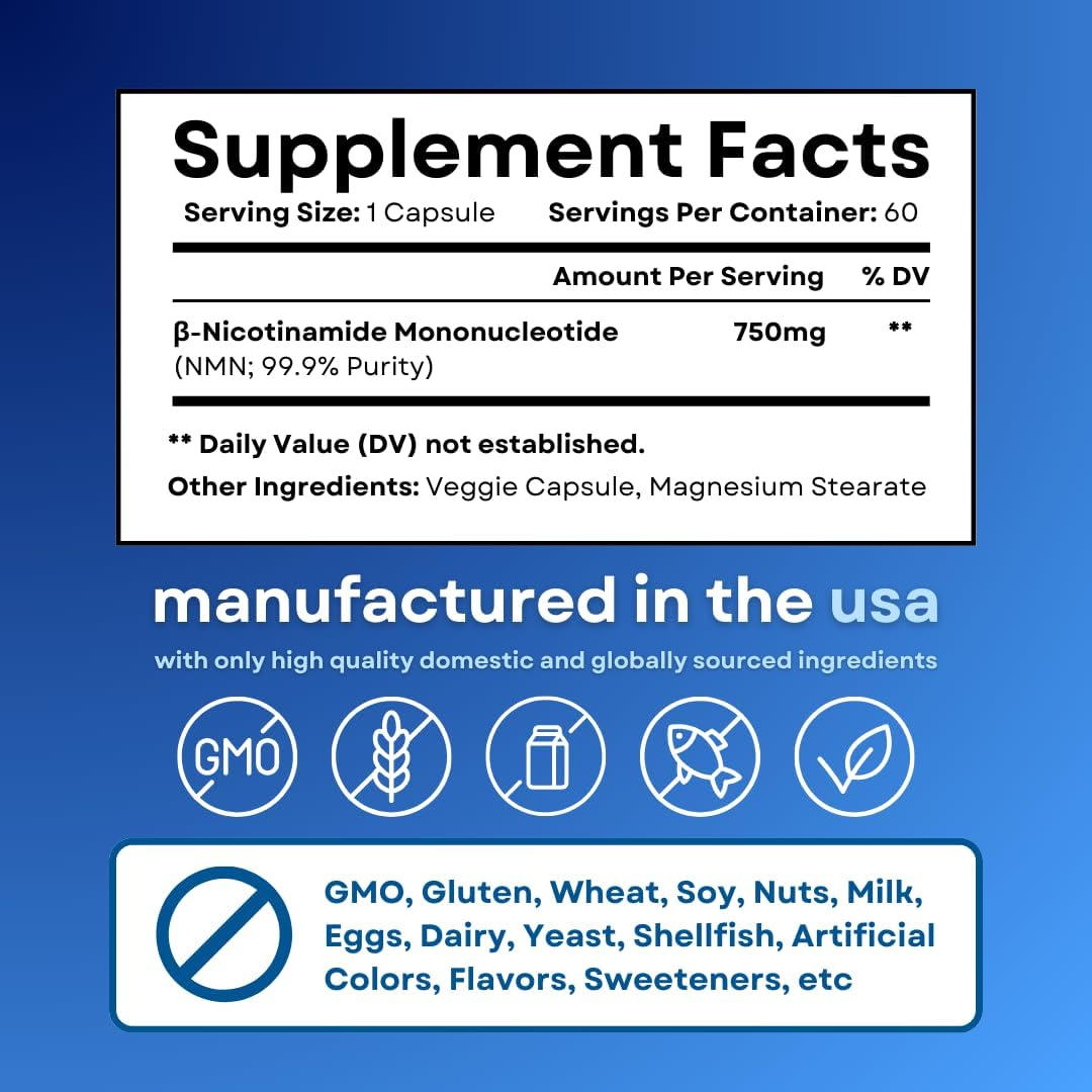 NMN 750mg Per Capsule - 99% Pure Nicotinamide Mononucleotide - Increased NAD+, Mitochondrial Function, Healthy Aging, Brain Health & Energy Support - 60 Capsules, Non GMO, Gluten Free Supplement