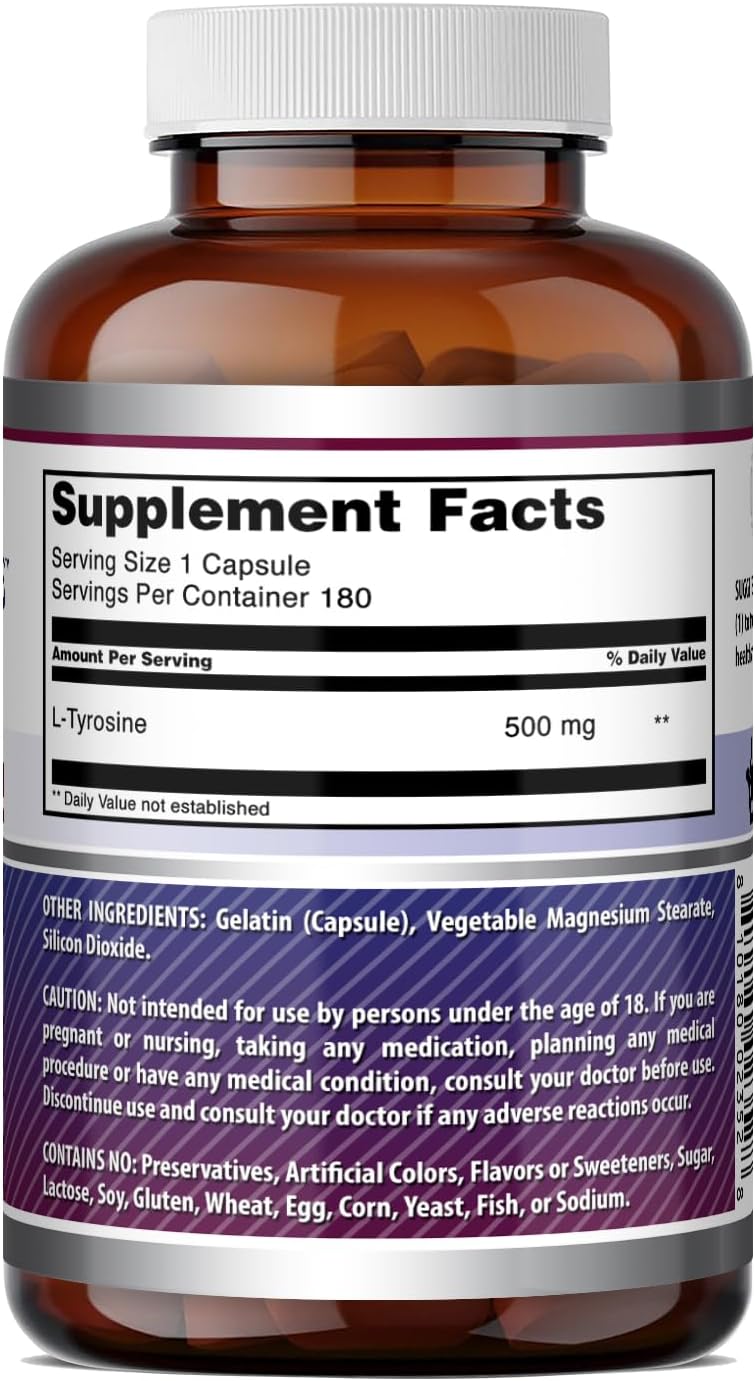 Amazing Formulas L-Tyrosine Amino Acid Supplement | 500 Mg per Serving | 180 Capsules | Non-GMO | Gluten-Free | Made in USA