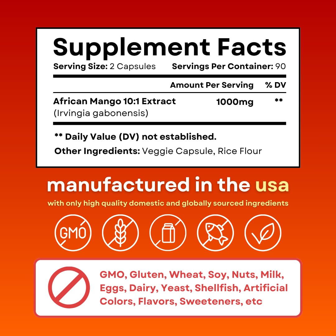 African Mango Capsules for Immune System, Metabolism, and Nutritional Wellness Support - Pure 10:1 Irvingia Gabonensis Extract - 180 Veggie Capsules Non-GMO, Gluten-Free, Vegan-Friendly