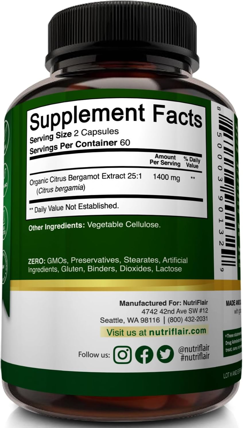 NutriFlair Organic Citrus Bergamot 1400mg, 120 Capsules - 25:1 Bergamia - Essential Oil and Citrus Bioflavonoids - Natural Heart Health Supplements for Women and Men - Non-GMO Pills