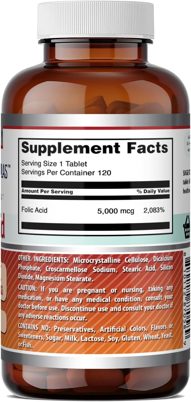 Amazing Formulas Folic Acid 5000 Mcg per Serving | Tablets Supplement | Non-GMO | Gluten-Free | Made in USA (1 Pack | 120 Count)