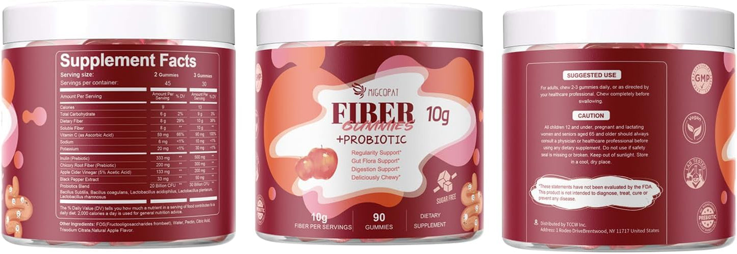Migcopat Fiber Gummies with Probiotics,10G Fiber per Serving No Sugar Added Apple Flavor, with 10 Billion CFU Probiotics Blend, Apple Cider Vinegar, Vitamin C, Inulin, Bloating Support 90 Count