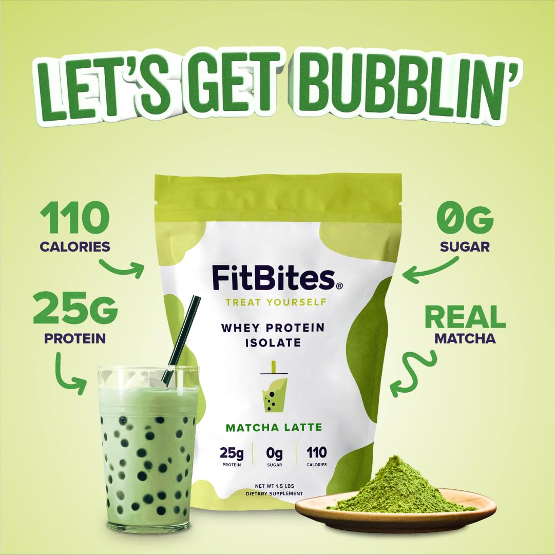 FitBites 100% Whey Isolate Protein Powder (Matcha Latte), 5.9g BCAAs, Gluten Free