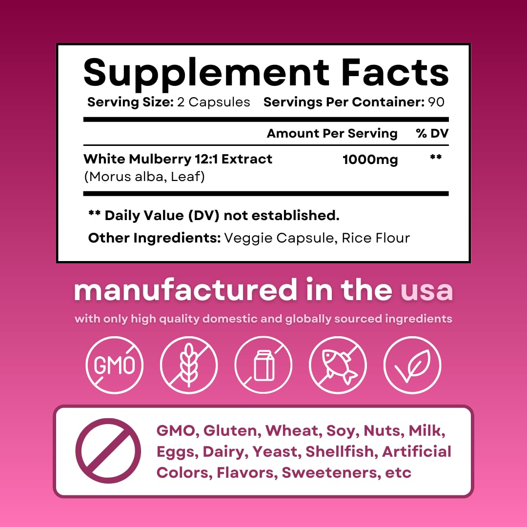 White Mulberry Leaf Extract 1000mg - 12:1 Morus Alba Extract - Antioxidant, Heart Health, Overall Metabolism Support - 180 Veggie Capsules - Non GMO, Gluten Free, Vegan Friendly Supplement