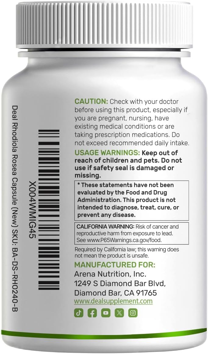 DEAL SUPPLEMENT Rhodiola Rosea with Ashwagandha, 240 Veggie Capsules – Rhodiola Rosea Supplement – Rhodiola & Ashwagandha Blend – Non-GMO