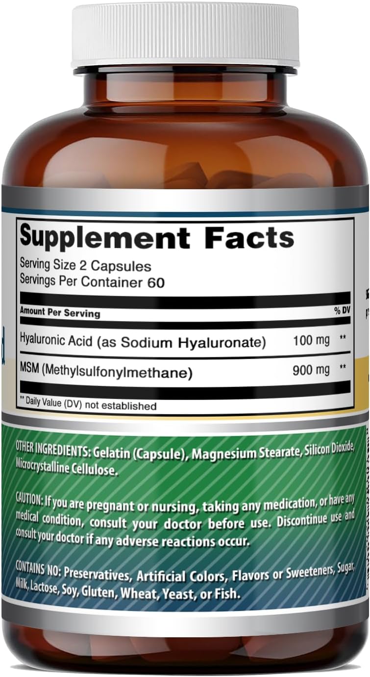 Amazing Formulas Hyaluronic Acid & MSM Supplement | 500 Mg | 120 Capsules | Non-GMO | Gluten-Free | Made in USA