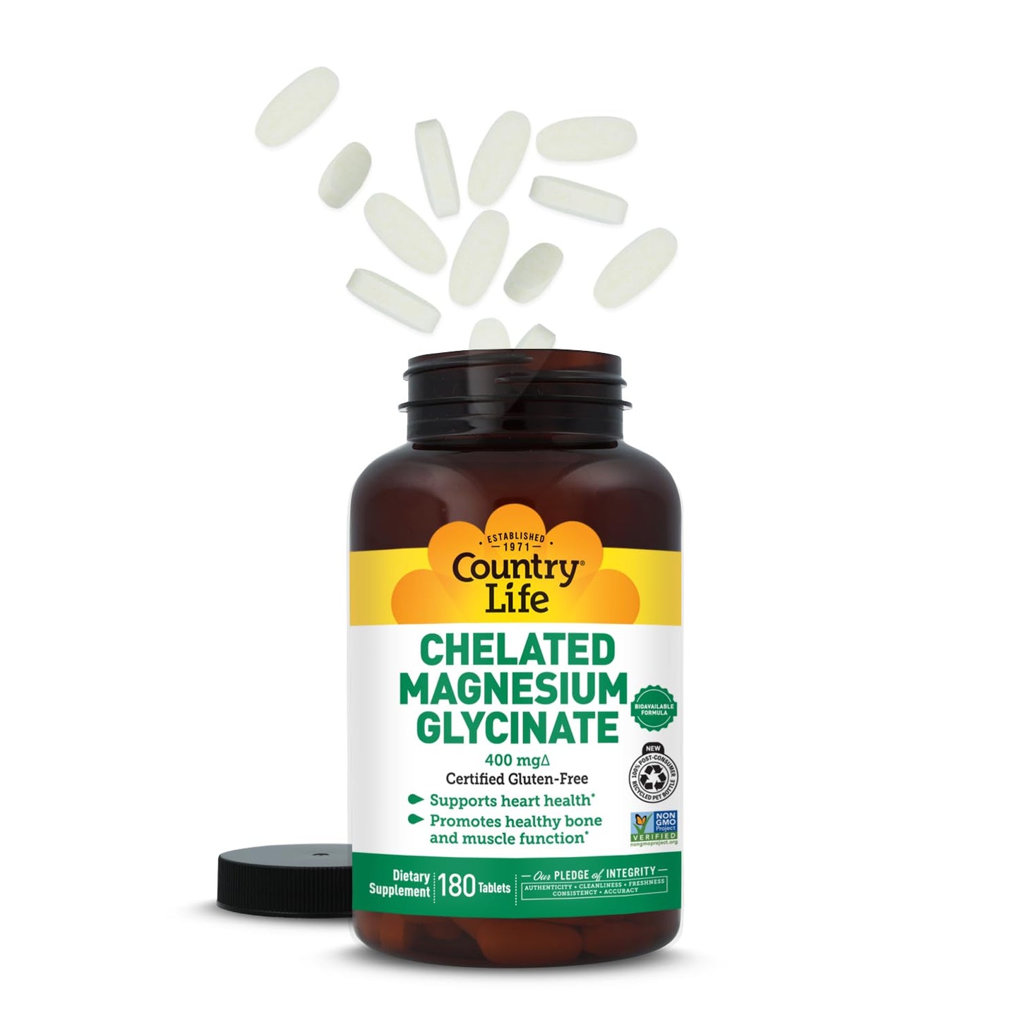 Country Life Chelated Magnesium Glycinate 400mg – High Absorption Magnesium Supplement for Muscle Relaxation, Energy, Bone & Immune Support – Gluten-Free, Vegan, Halal, Non-GMO Verified - 180 Tablets