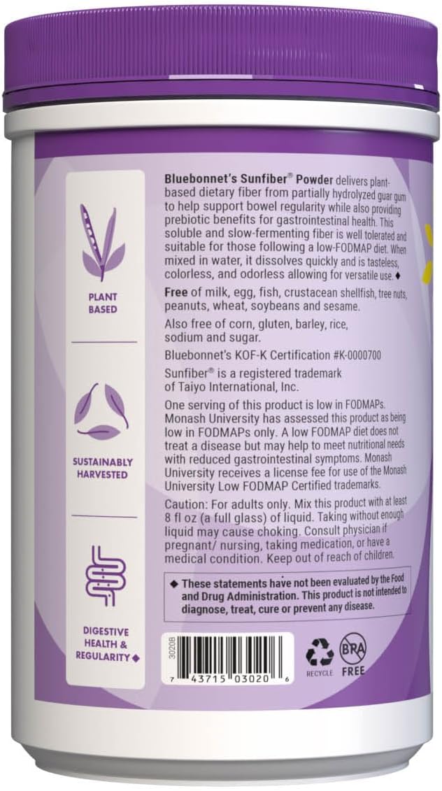 BlueBonnet Nutrition Sunfiber – 6 g of Plant Based Prebiotic Soluble Fiber – Supports Digestive Health* - Instant Dissolve – Non-GMO, Vegan, Kosher, Low-FODMAP – Unflavored, 7.4 OZ, 30 Servings