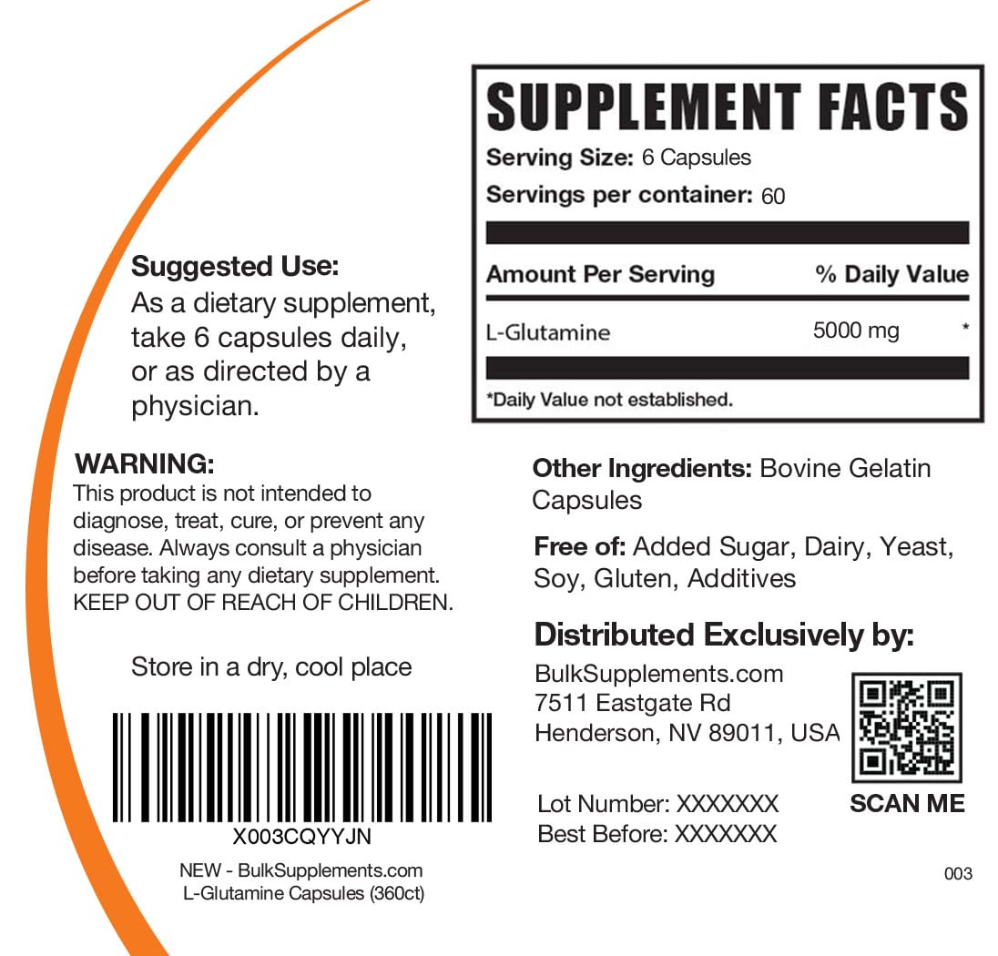 BulkSupplements.com L-Glutamine Capsules - Glutamine Supplement, Amino Acid Supplement - Gluten Free, 6 Capsules per Serving (5000mg), 360 Count (Pack of 1)