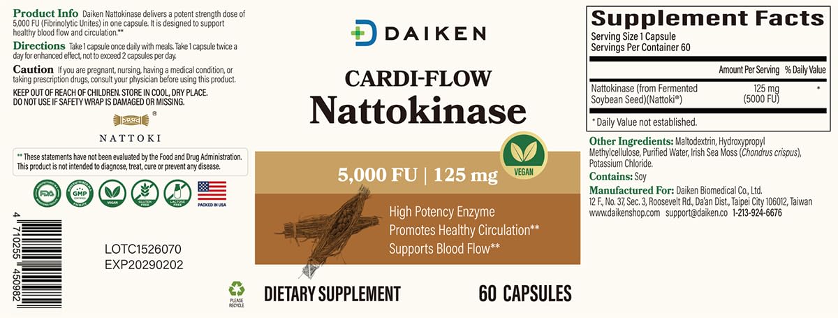 DAIKEN Nattokinase 5,000 FU, High Potency Nattokinase Supplement, Non-GMO & Vegan, Lab Tested, 60 Capsules