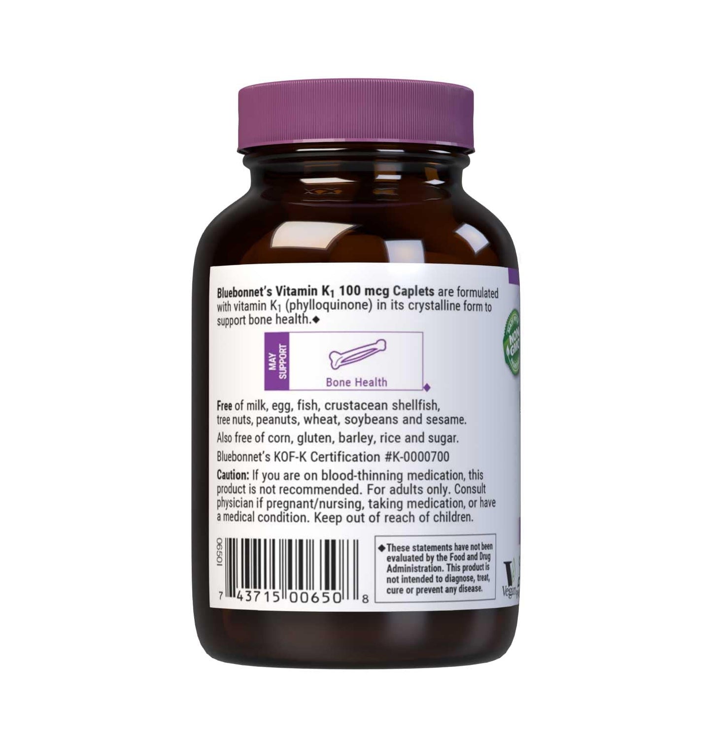 Bluebonnet Vitamin K1 100 mcg Supports Bone Health - Phylloquinone Crystalline Vitamin K Supplement - Non-GMO, Kosher Certified, Gluten-Free, Dairy-Free - 100 Vegan Caplets