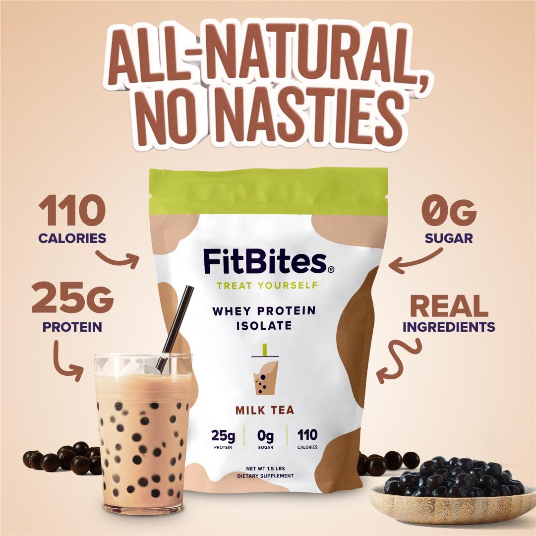 FitBites Boba Tea Protein 100% Whey Protein Powder Isolate (Milk Tea), Natural Energy