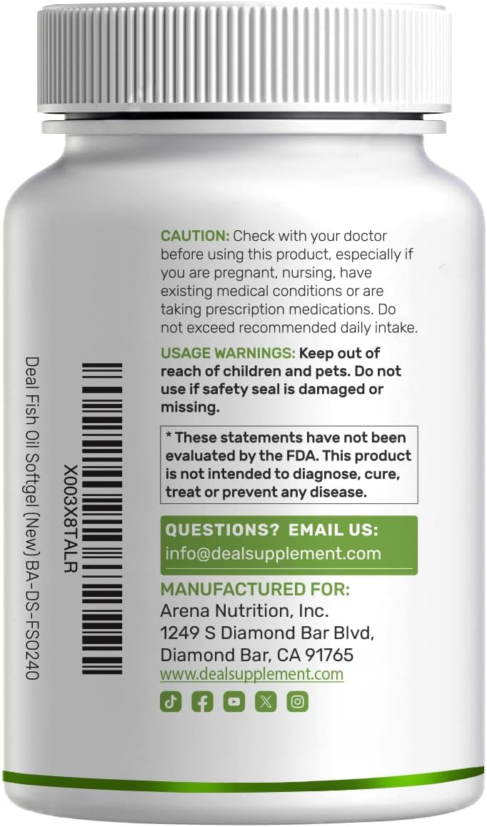 DEAL SUPPLEMENT Omega 3 Fish Oil Supplements, 3,000mg Per Serving, 240 Softgels – EPA 1,200mg + DHA 900mg – Burpless Pills, Lemon Flavored, Wild Caught – Brain & Heart Support – Mercury Free, Non-GMO