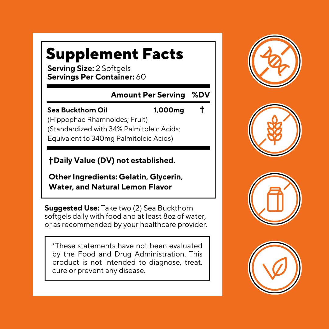 Omega 7 Sea Buckthorn Berry Oil 1000mg for Hair, Skin, Nails, Heart Health Support - 34% Palmitoleic Acid & Natural Omega 3 6 9 Fatty Acids Supplement - 120 Capsules, Non-GMO, Gluten-Free