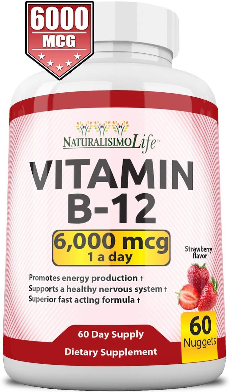 NaturalisimoLife Vitamin B12 6,000 mcg – Quick Dissolve Strawberry Flavor Nuggets – 60 Nuggets, Non-GMO, Vegan, Gluten Free
