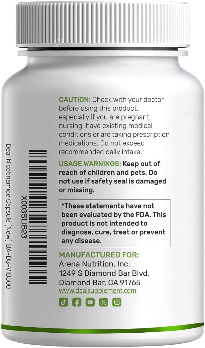 Vitamin B3 Nicotinamide 1,000mg Per Serving – 500 Capsules, Flush Free Niacin, Essential B3 – Supports Healthy Skin & Energy Production – Non-GMO