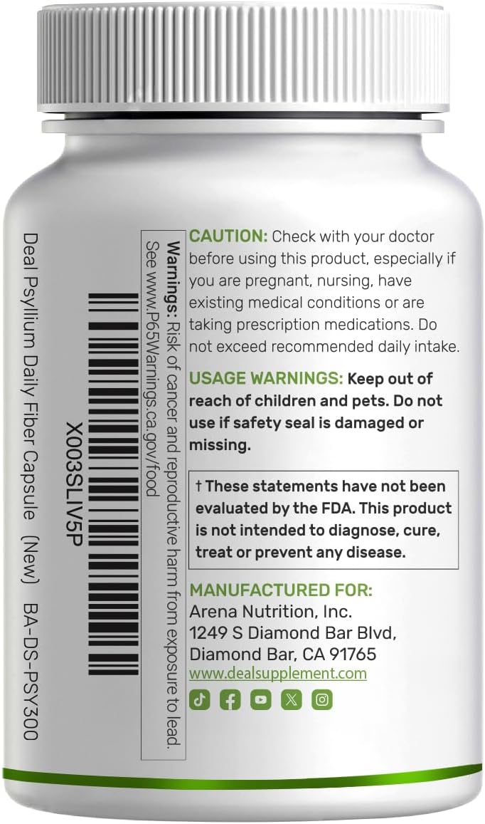 Psyllium Husk 1500mg Per Serving, 300 Capsules – 3 in 1 Fiber Supplement with Inulin & Acacia Complex – Natural Soluble Fiber, Supports Digestive Health* – Plant Based, Non-GMO